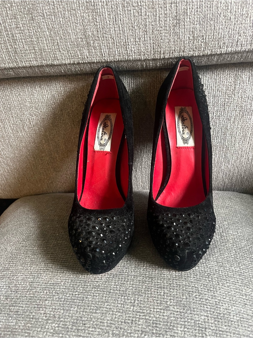 Italina Black Suede Crystal-Embellished Heels